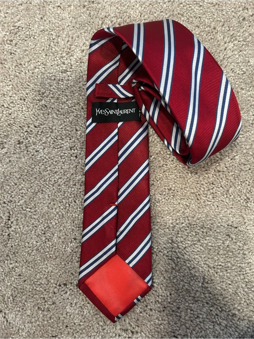 Yves Saint Laurent Red Stripe Silk Tie with Navy & White Accents